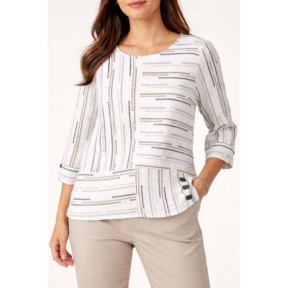 Alfred Dunner PL Blouse Top White Striped Textured Artsy Side Button 3/4 Sleeve